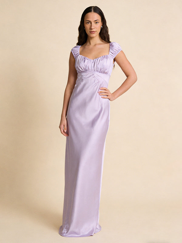 Satin A-Line Boat Neck Long Bridesmaid Dresses