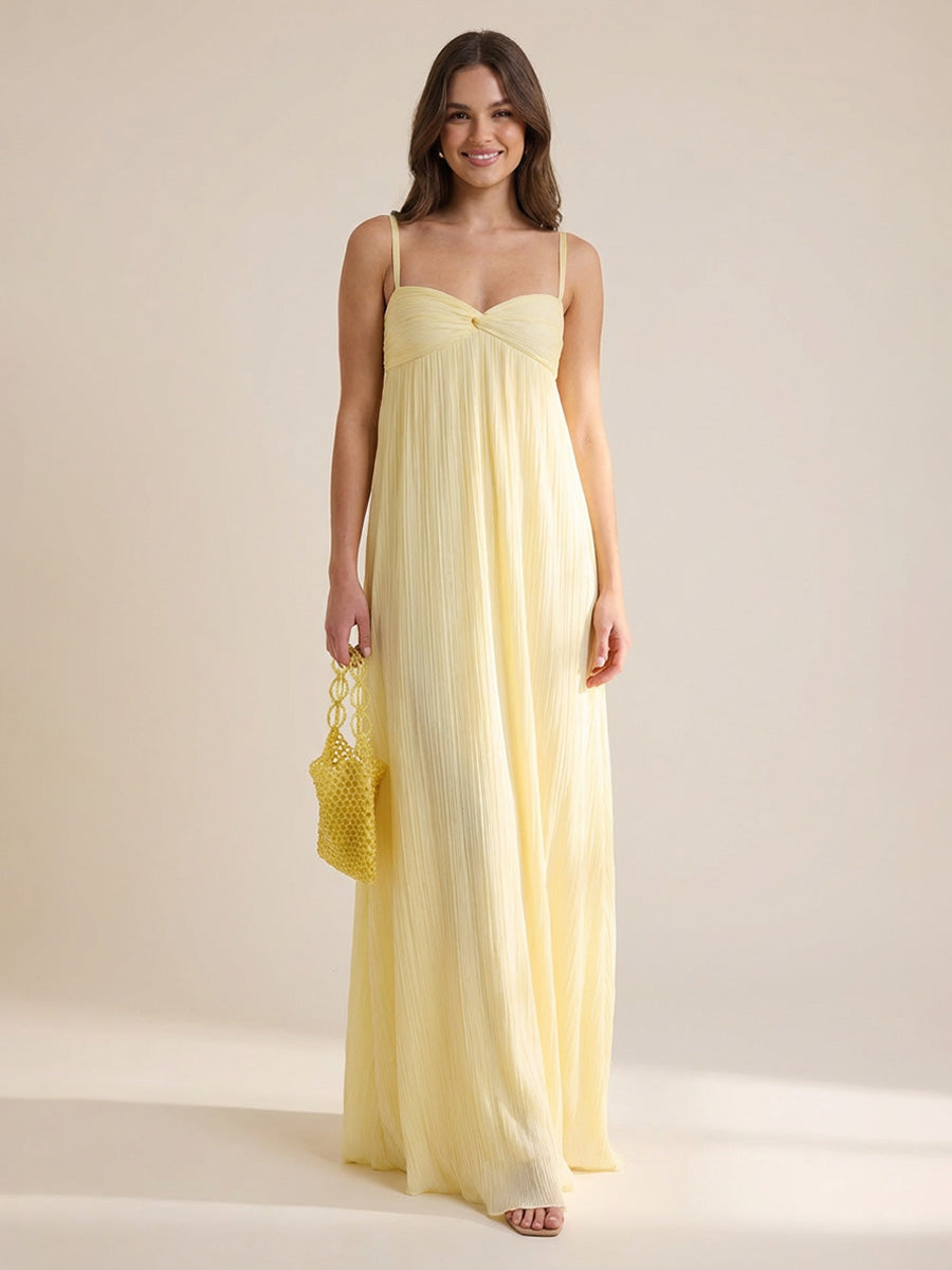 Chiffon A-Line Spaghetti Straps Long Pleated Bridesmaid Dresses