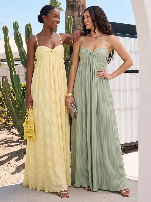 Chiffon A-Line Spaghetti Straps Long Pleated Bridesmaid Dresses