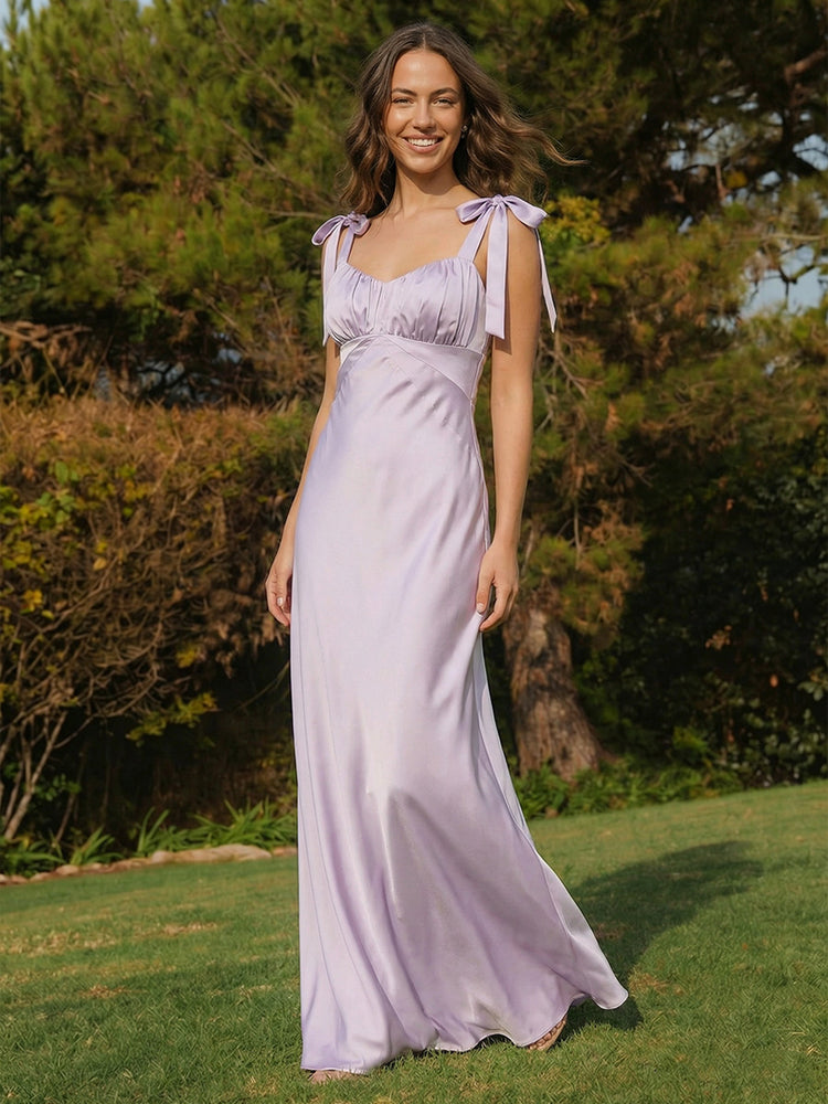 Satin Mermaid Boat Neck Ruched Long Bridesmaid Dresses