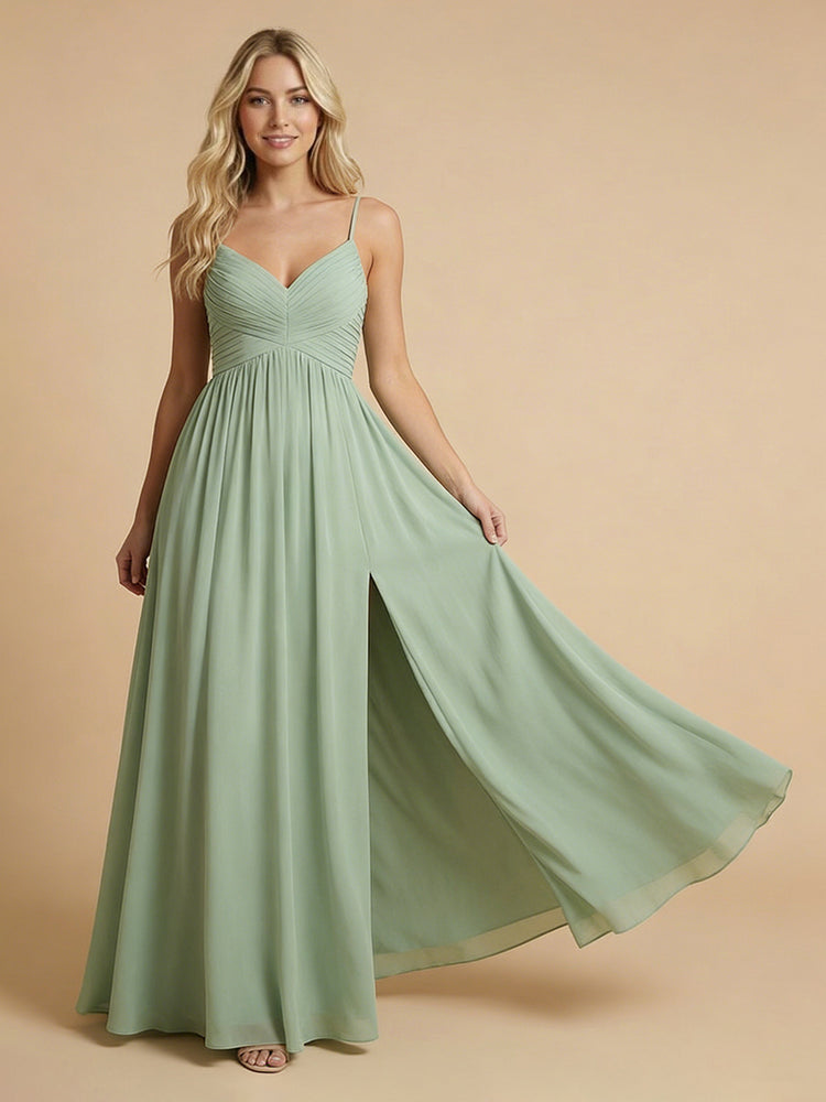 Chiffon A-Line Spaghetti Straps Long Bridesmaid Dresses