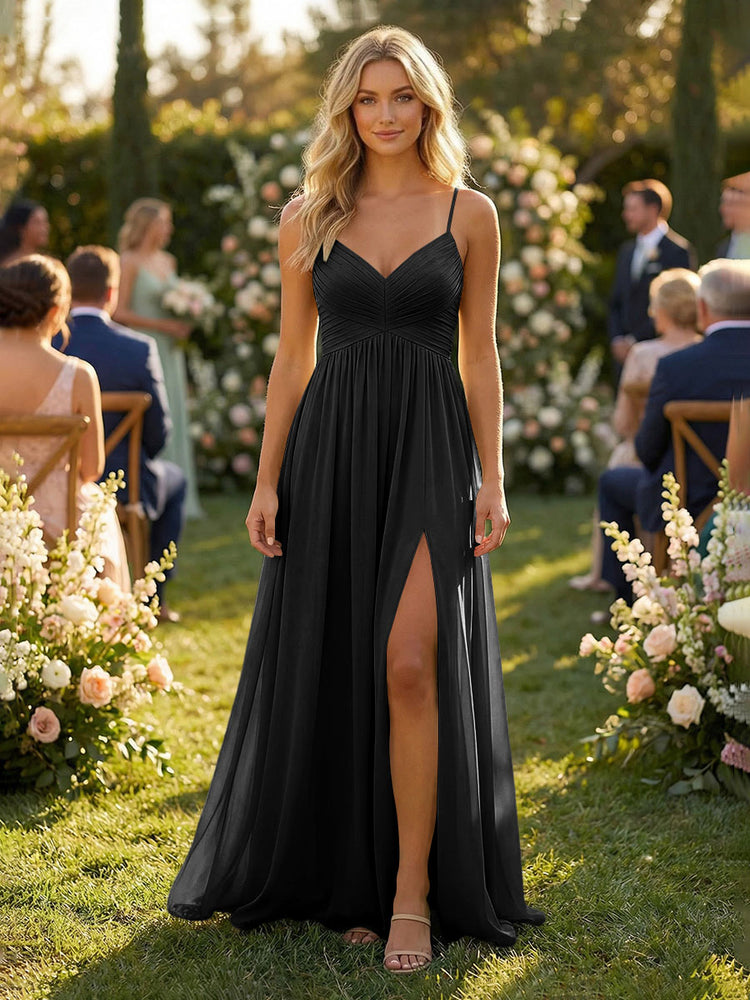 Chiffon A-Line Spaghetti Straps Long Bridesmaid Dresses