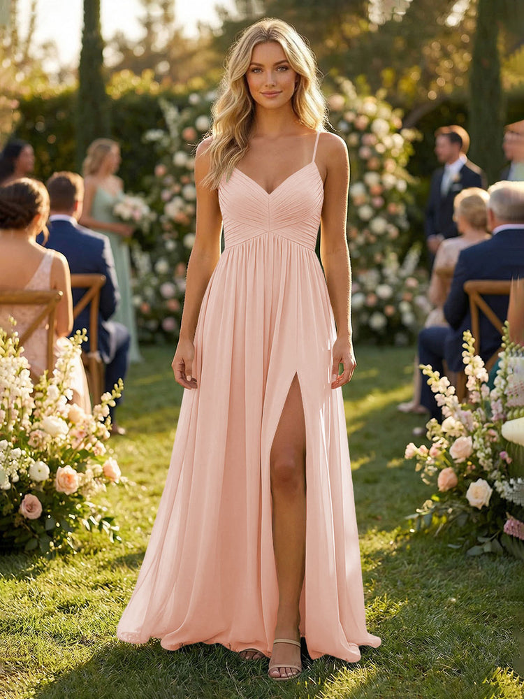 Chiffon A-Line Spaghetti Straps Long Bridesmaid Dresses