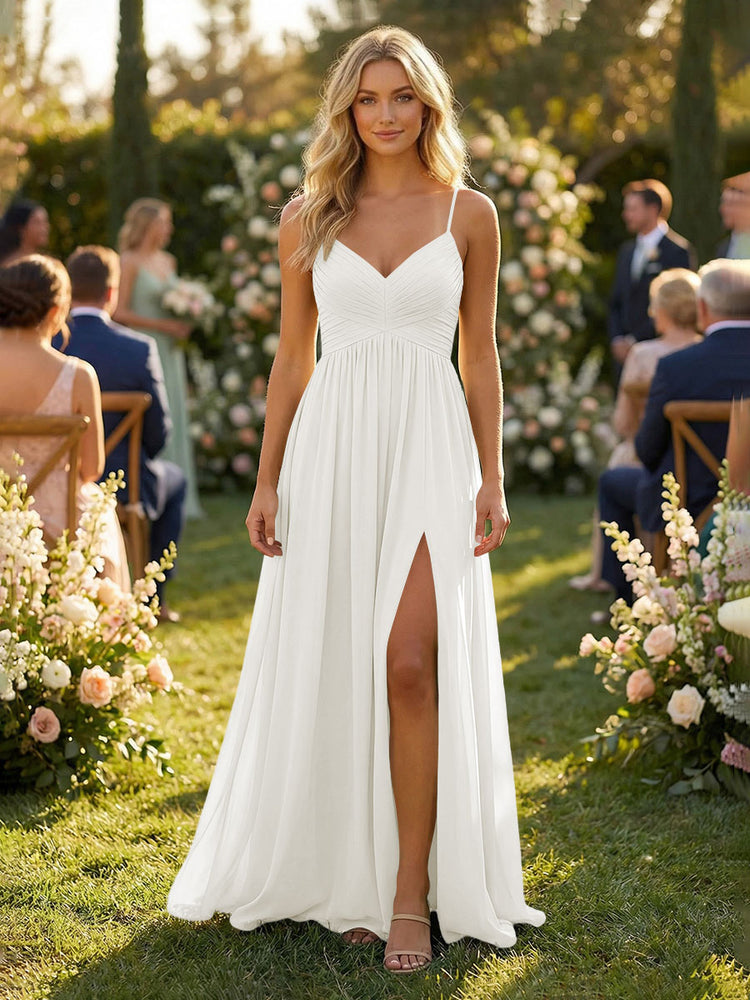 Chiffon A-Line Spaghetti Straps Long Bridesmaid Dresses