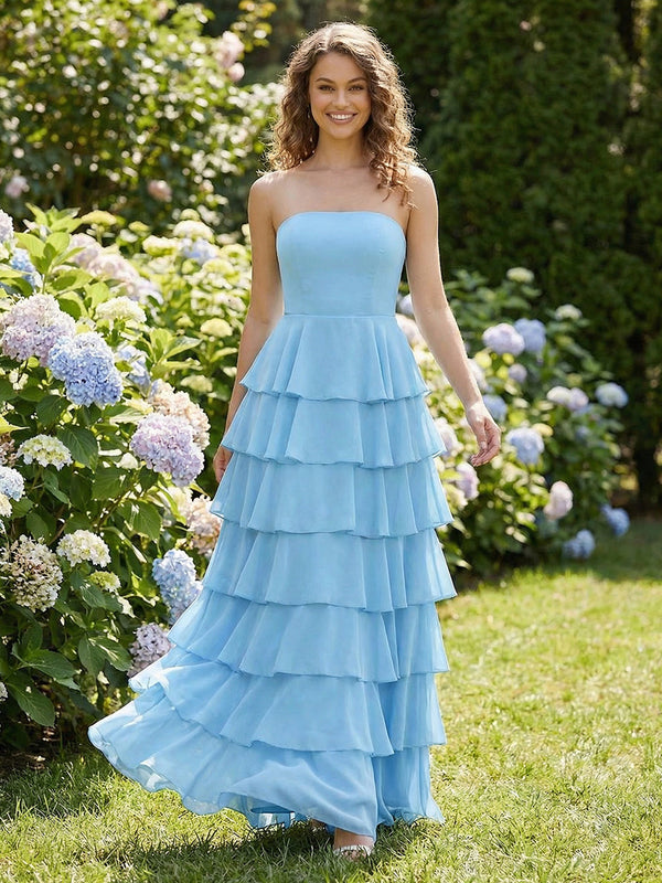 Chiffon A-Line Strapless Long Tiered Ruffled Bridesmaid Dresses