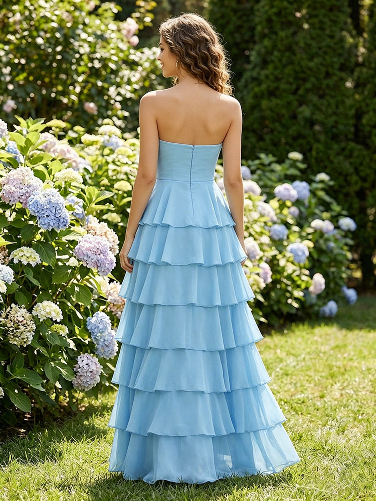 Chiffon A-Line Strapless Long Tiered Ruffled Bridesmaid Dresses