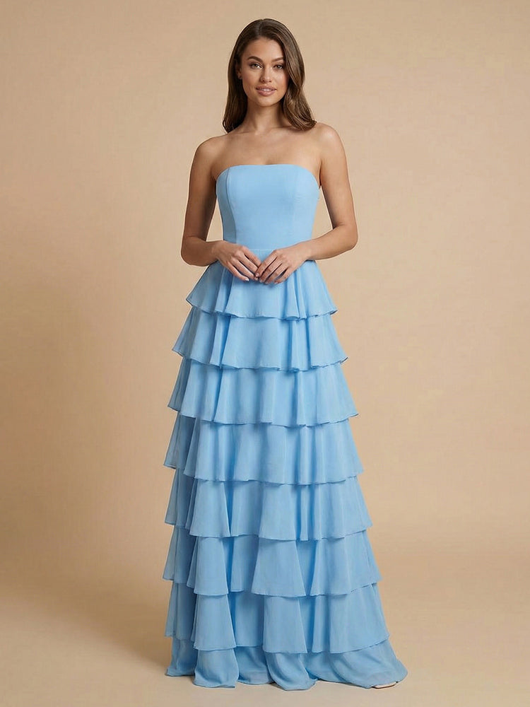 Chiffon A-Line Strapless Long Tiered Ruffled Bridesmaid Dresses