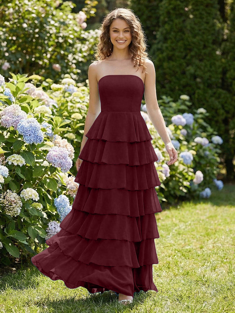 Chiffon A-Line Strapless Long Tiered Ruffled Bridesmaid Dresses