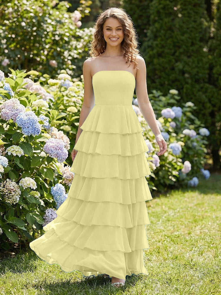 Chiffon A-Line Strapless Long Tiered Ruffled Bridesmaid Dresses