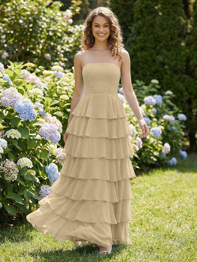 Chiffon A-Line Strapless Long Tiered Ruffled Bridesmaid Dresses
