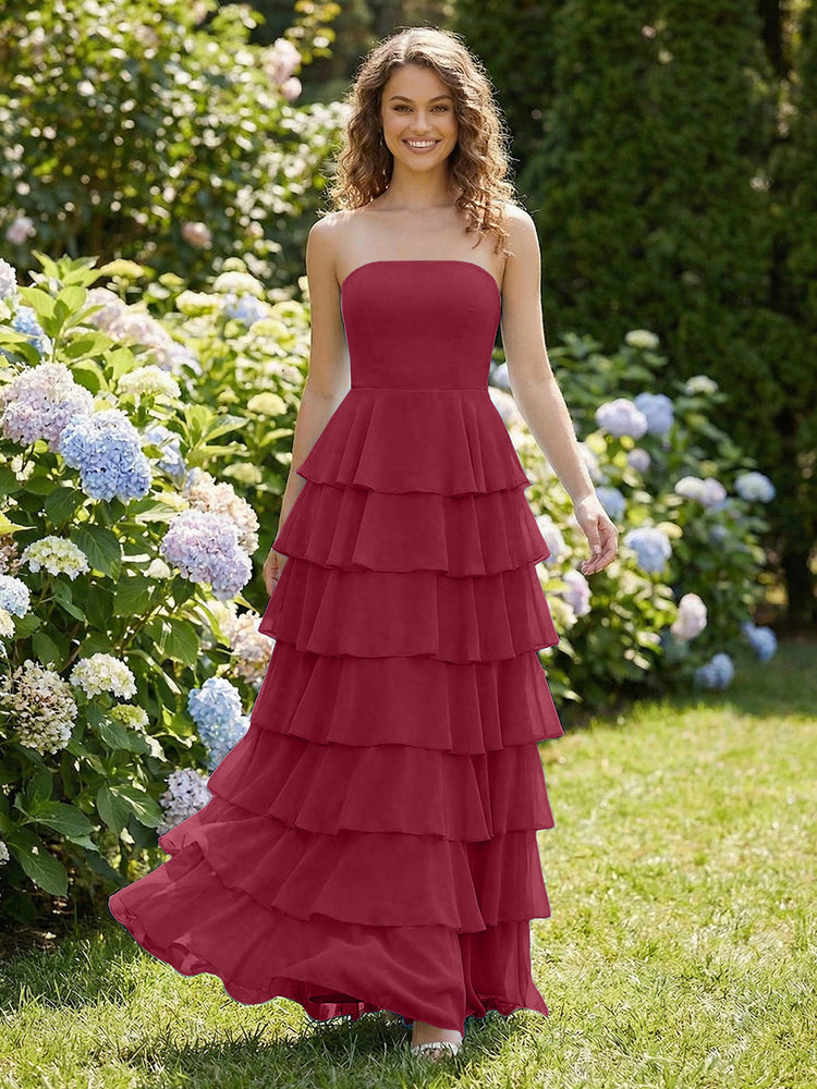 Chiffon A-Line Strapless Long Tiered Ruffled Bridesmaid Dresses