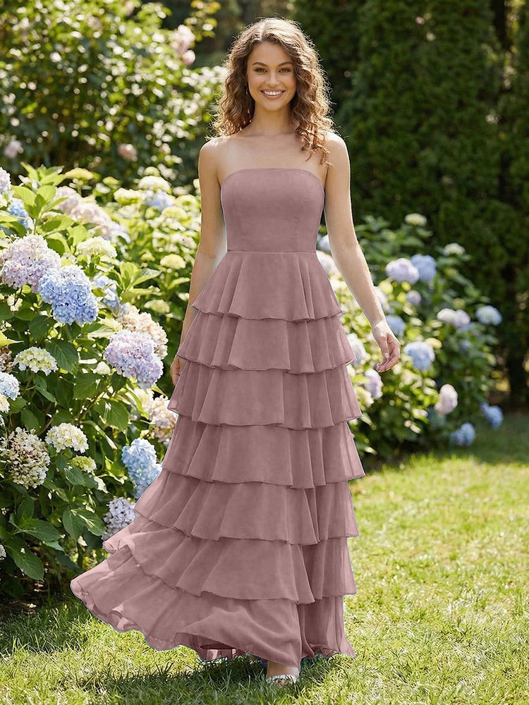 Chiffon A-Line Strapless Long Tiered Ruffled Bridesmaid Dresses