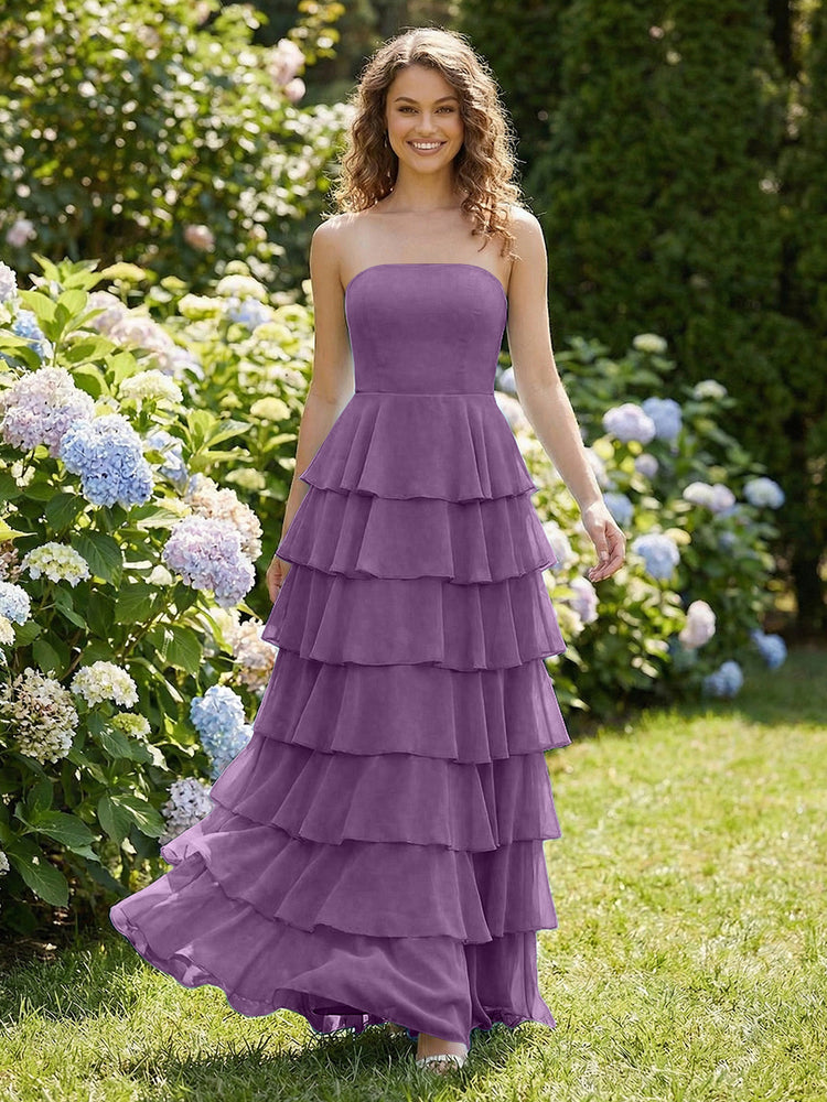 Chiffon A-Line Strapless Long Tiered Ruffled Bridesmaid Dresses