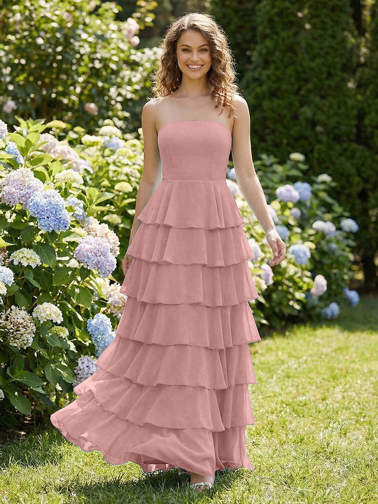 Chiffon A-Line Strapless Long Tiered Ruffled Bridesmaid Dresses