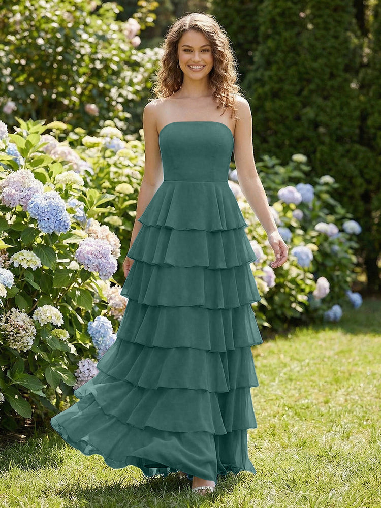 Chiffon A-Line Strapless Long Tiered Ruffled Bridesmaid Dresses