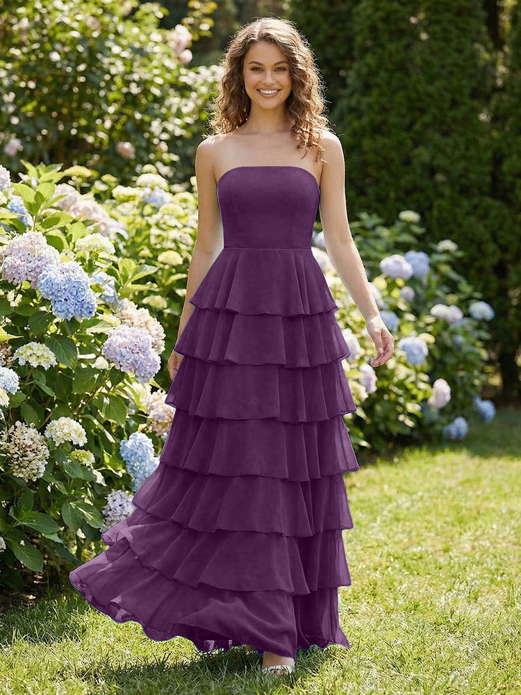 Chiffon A-Line Strapless Long Tiered Ruffled Bridesmaid Dresses