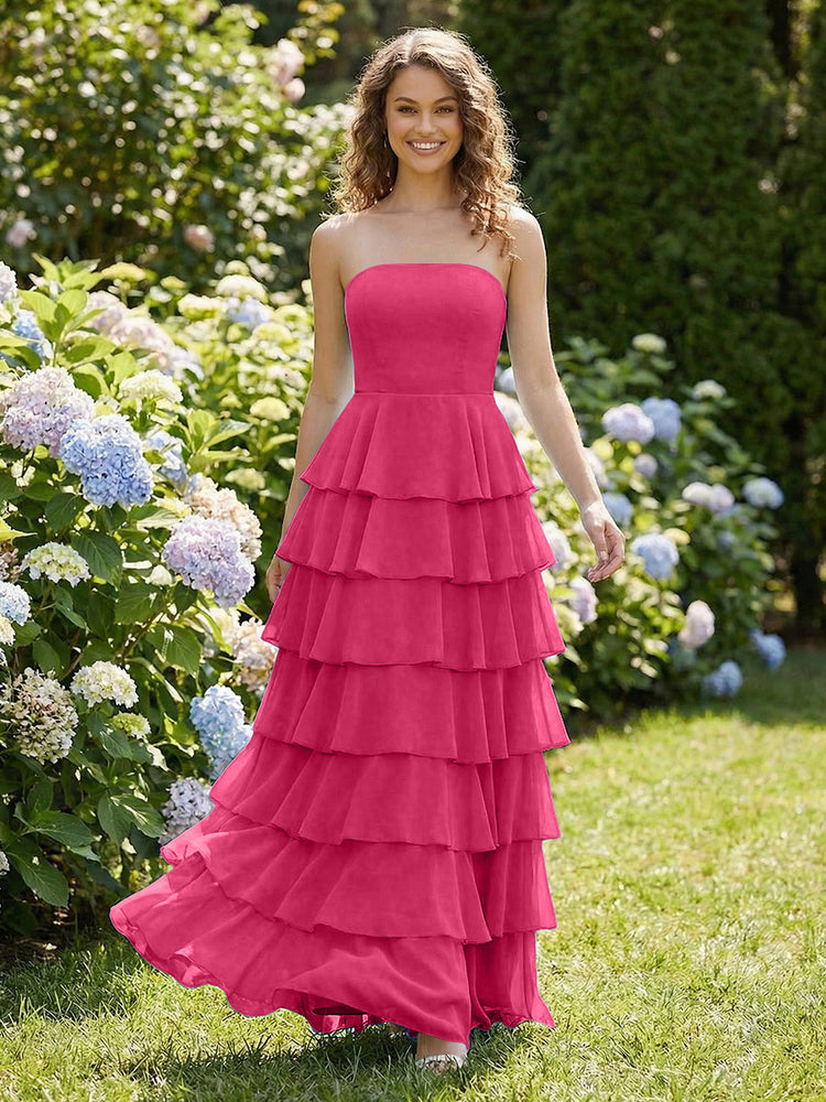 Chiffon A-Line Strapless Long Tiered Ruffled Bridesmaid Dresses