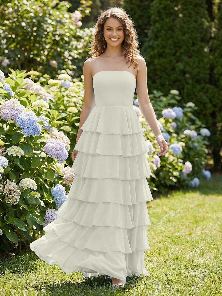 Chiffon A-Line Strapless Long Tiered Ruffled Bridesmaid Dresses