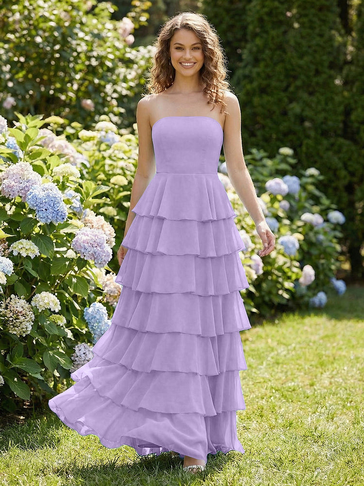 Chiffon A-Line Strapless Long Tiered Ruffled Bridesmaid Dresses