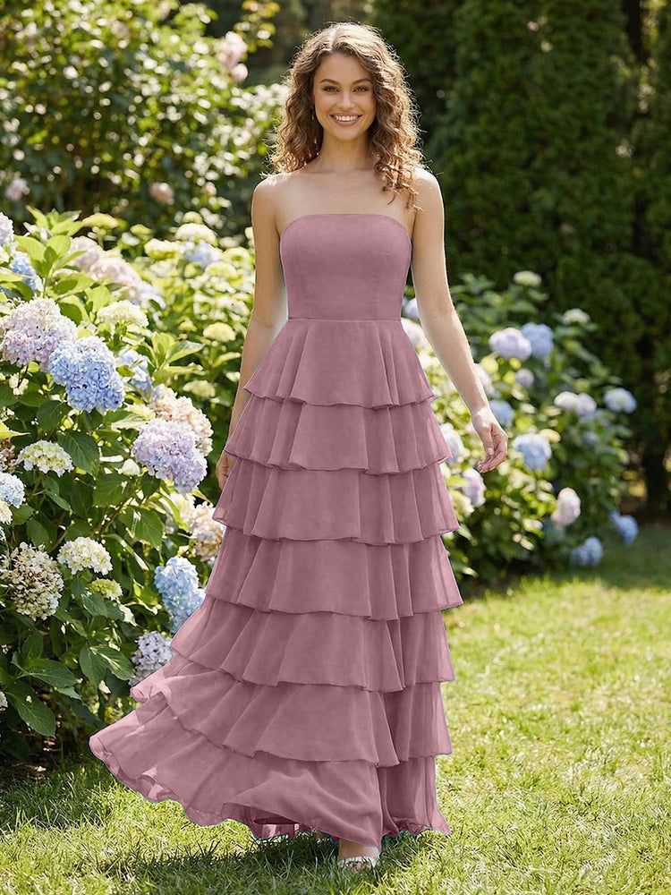 Chiffon A-Line Strapless Long Tiered Ruffled Bridesmaid Dresses