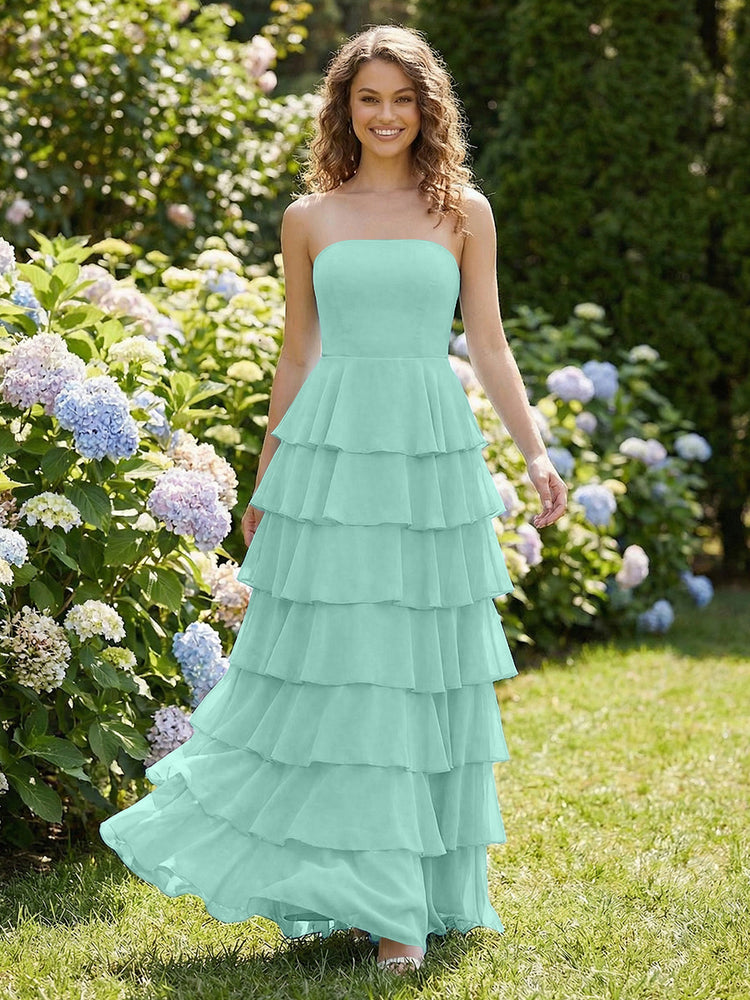 Chiffon A-Line Strapless Long Tiered Ruffled Bridesmaid Dresses