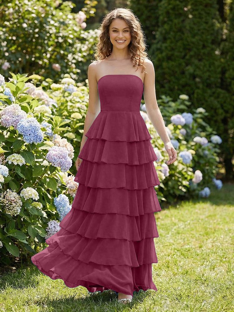 Chiffon A-Line Strapless Long Tiered Ruffled Bridesmaid Dresses