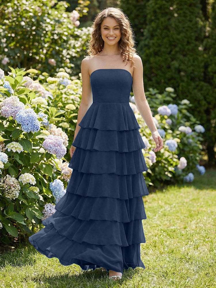 Chiffon A-Line Strapless Long Tiered Ruffled Bridesmaid Dresses