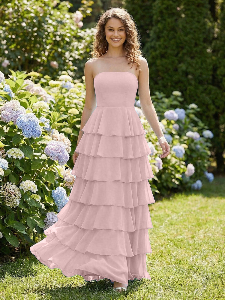 Chiffon A-Line Strapless Long Tiered Ruffled Bridesmaid Dresses