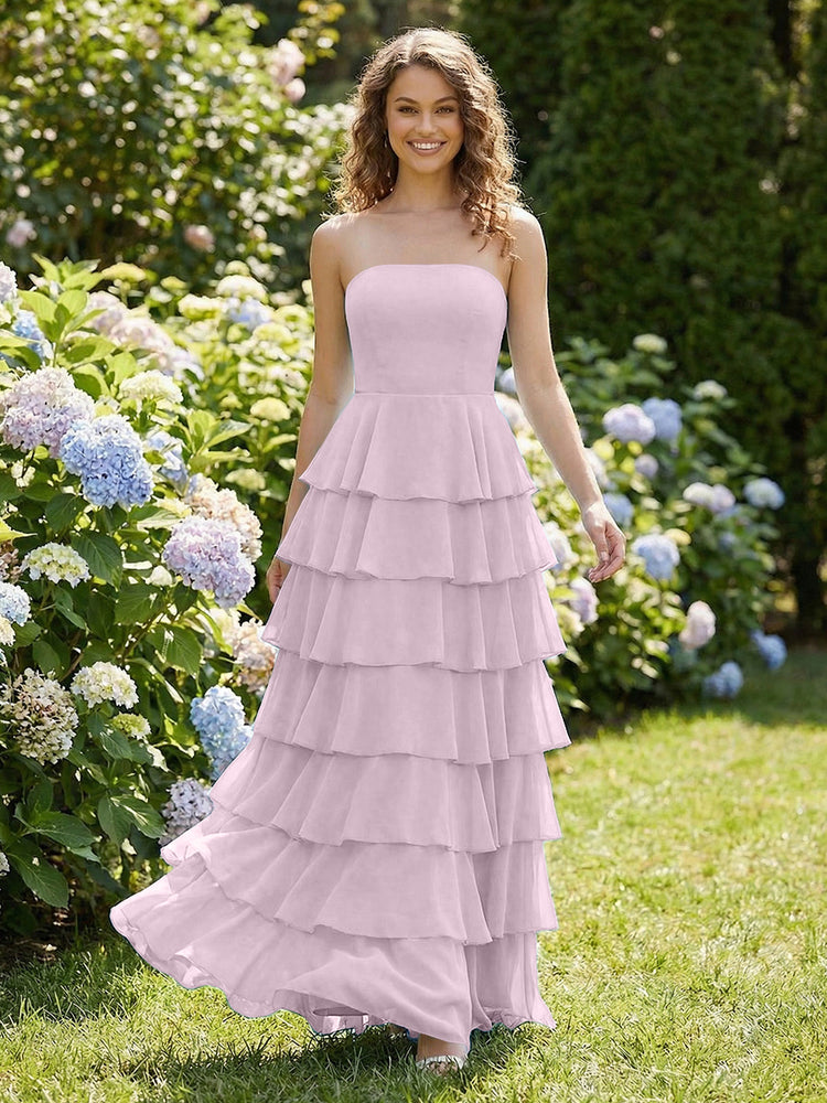Chiffon A-Line Strapless Long Tiered Ruffled Bridesmaid Dresses