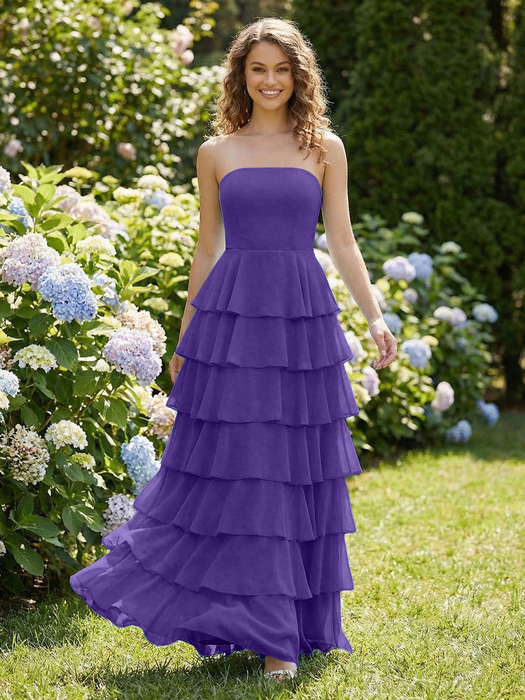 Chiffon A-Line Strapless Long Tiered Ruffled Bridesmaid Dresses