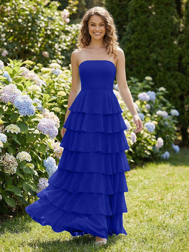 Chiffon A-Line Strapless Long Tiered Ruffled Bridesmaid Dresses