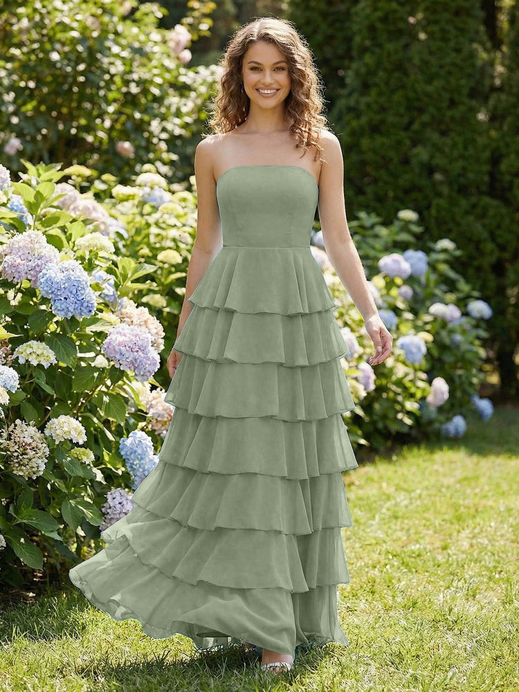 Chiffon A-Line Strapless Long Tiered Ruffled Bridesmaid Dresses