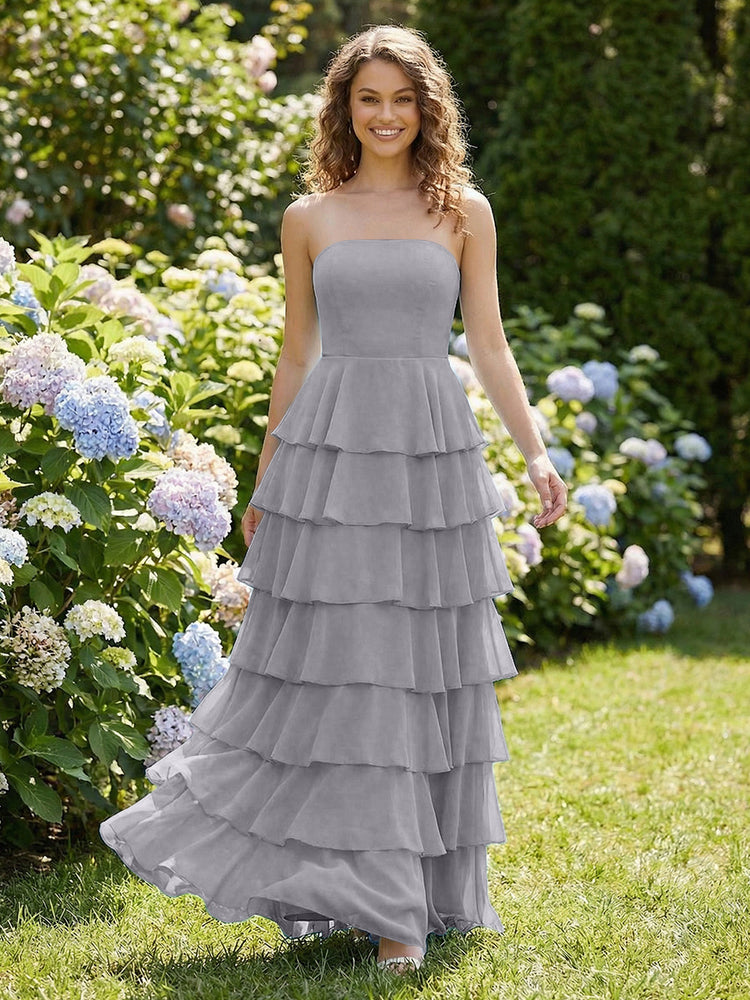 Chiffon A-Line Strapless Long Tiered Ruffled Bridesmaid Dresses