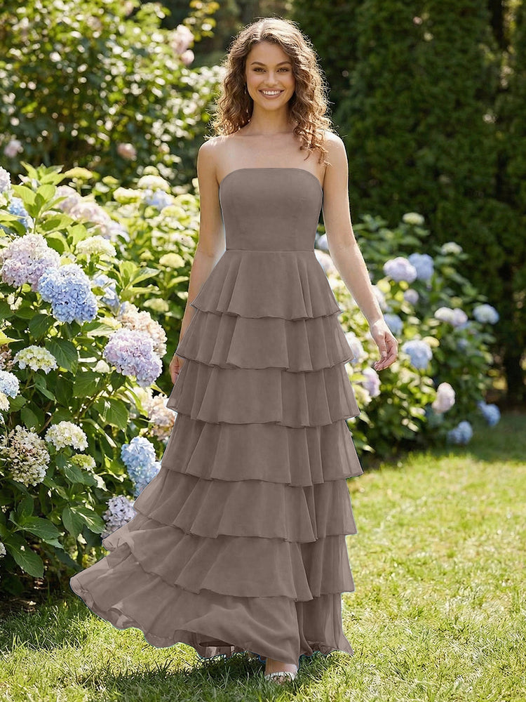 Chiffon A-Line Strapless Long Tiered Ruffled Bridesmaid Dresses