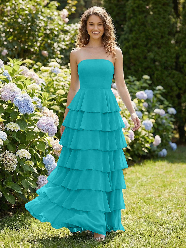 Chiffon A-Line Strapless Long Tiered Ruffled Bridesmaid Dresses