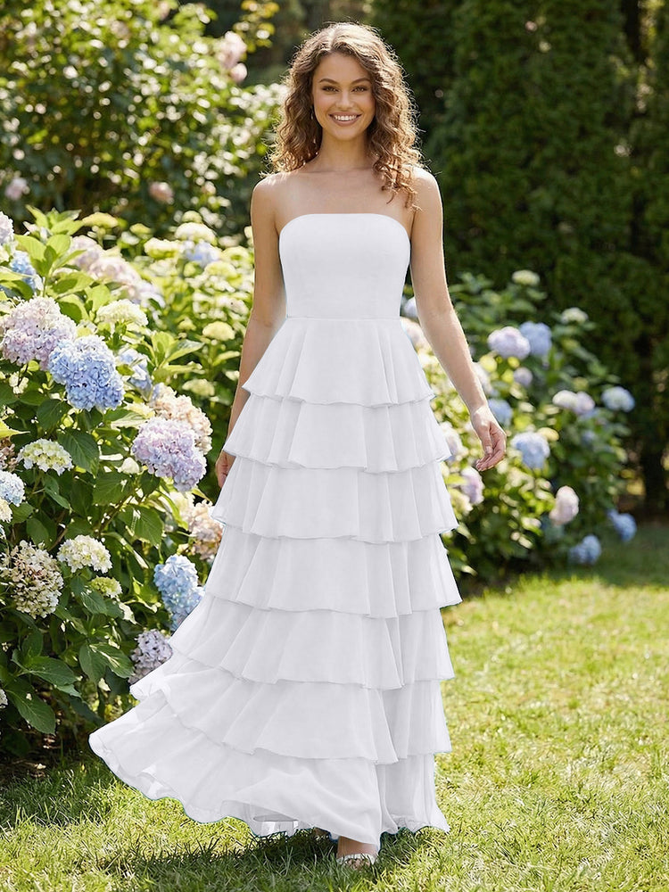 Chiffon A-Line Strapless Long Tiered Ruffled Bridesmaid Dresses
