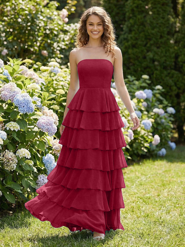Chiffon A-Line Strapless Long Tiered Ruffled Bridesmaid Dresses