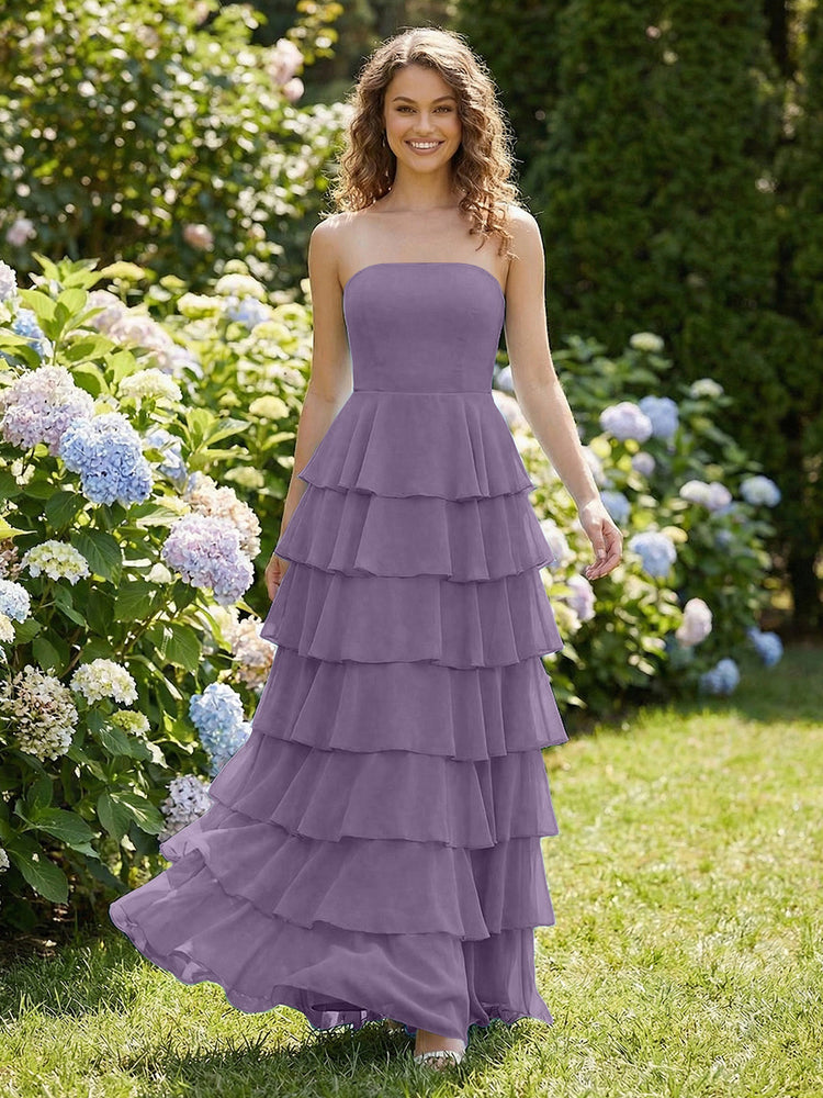 Chiffon A-Line Strapless Long Tiered Ruffled Bridesmaid Dresses