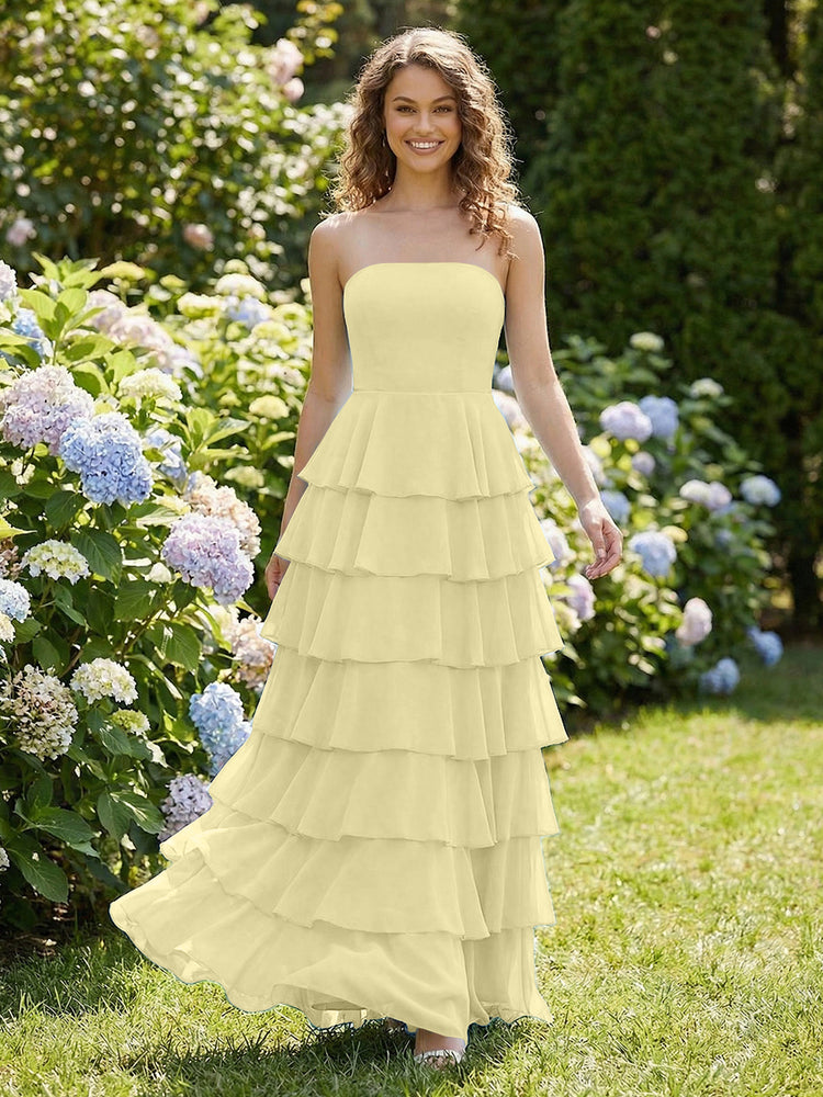 Chiffon A-Line Strapless Long Tiered Ruffled Bridesmaid Dresses
