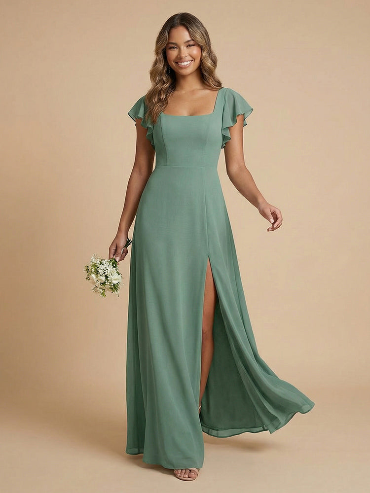 Chiffon A-Line Square Neck Long Slit Bridesmaid Dresses
