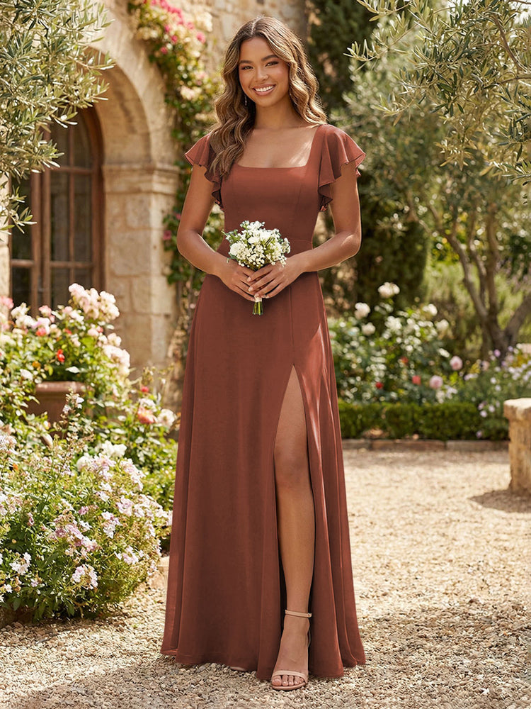 Chiffon A-Line Square Neck Long Slit Bridesmaid Dresses