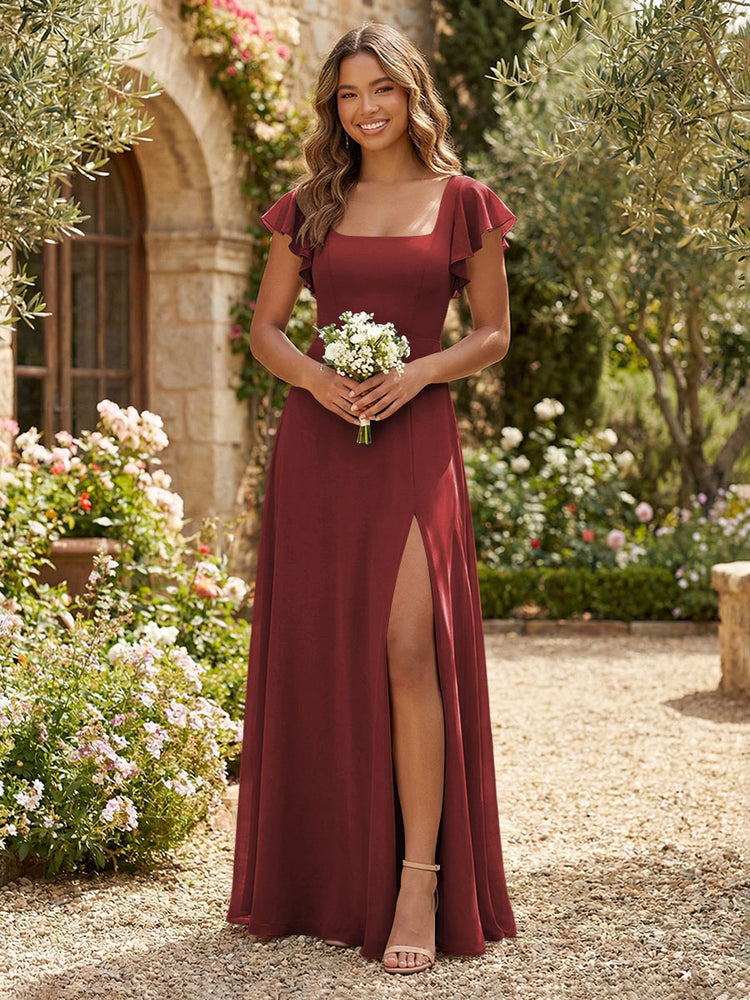 Chiffon A-Line Square Neck Long Slit Bridesmaid Dresses