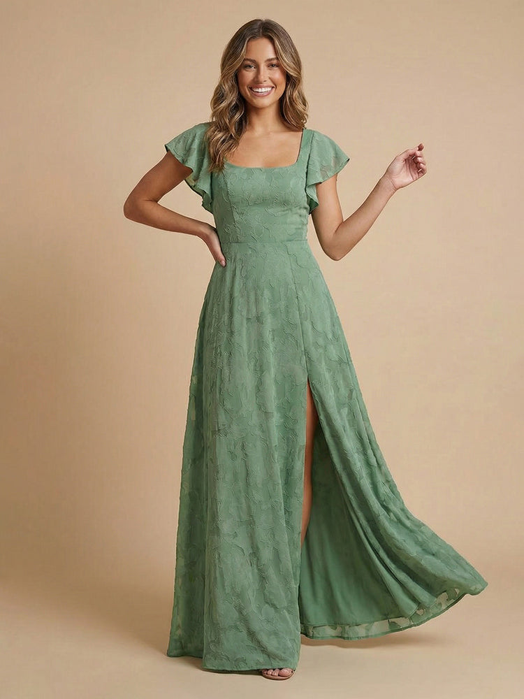 Jacquard A-Line Square Neck Long Bridesmaid Dresses