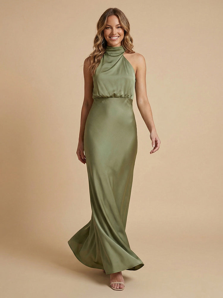 Satin Sheath High Neck Long Simple Bridesmaid Dresses
