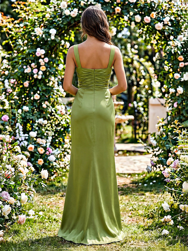Satin Sheath Square Neck Split Side Bridesmaid Dresses