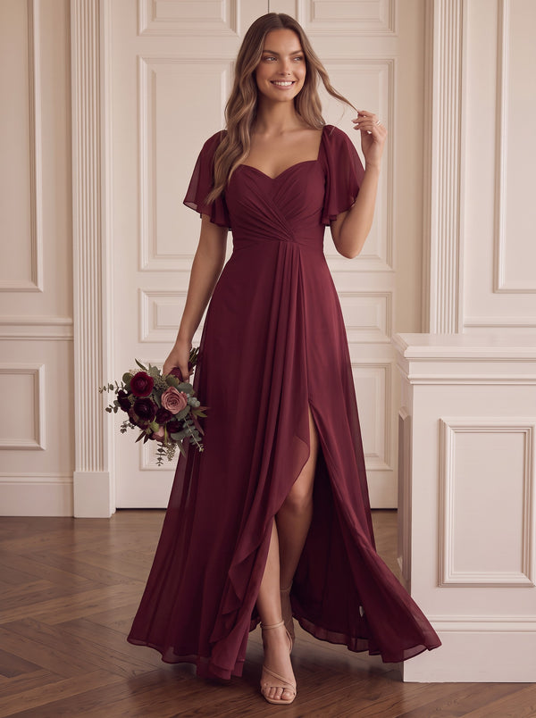 Chiffon A-Line Sweetheart Long Bridesmaid Dresses with Ruffles