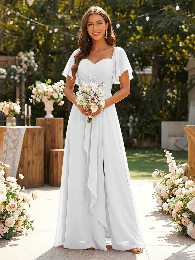 Chiffon A-Line Sweetheart Long Bridesmaid Dresses with Ruffles