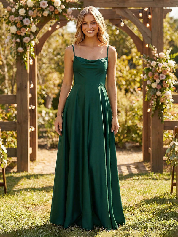 Satin A-Line Spaghetti Straps Long Pleated Bridesmaid Dresses