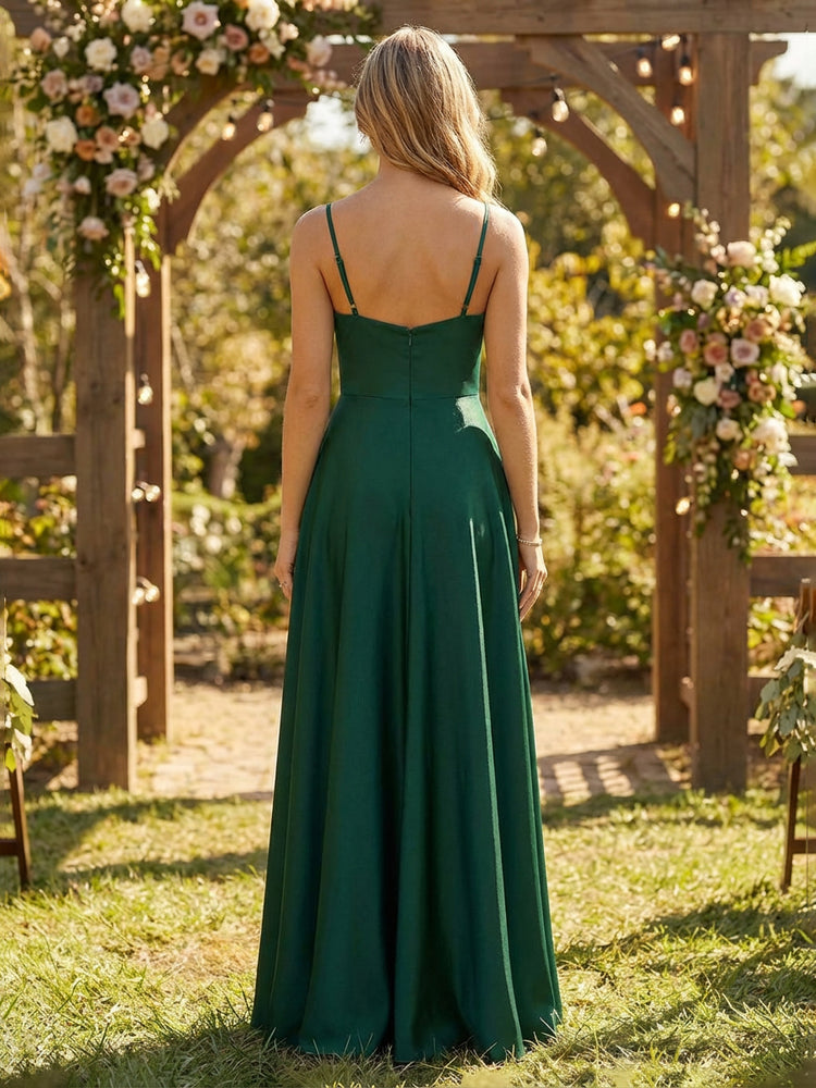 Satin A-Line Spaghetti Straps Long Pleated Bridesmaid Dresses