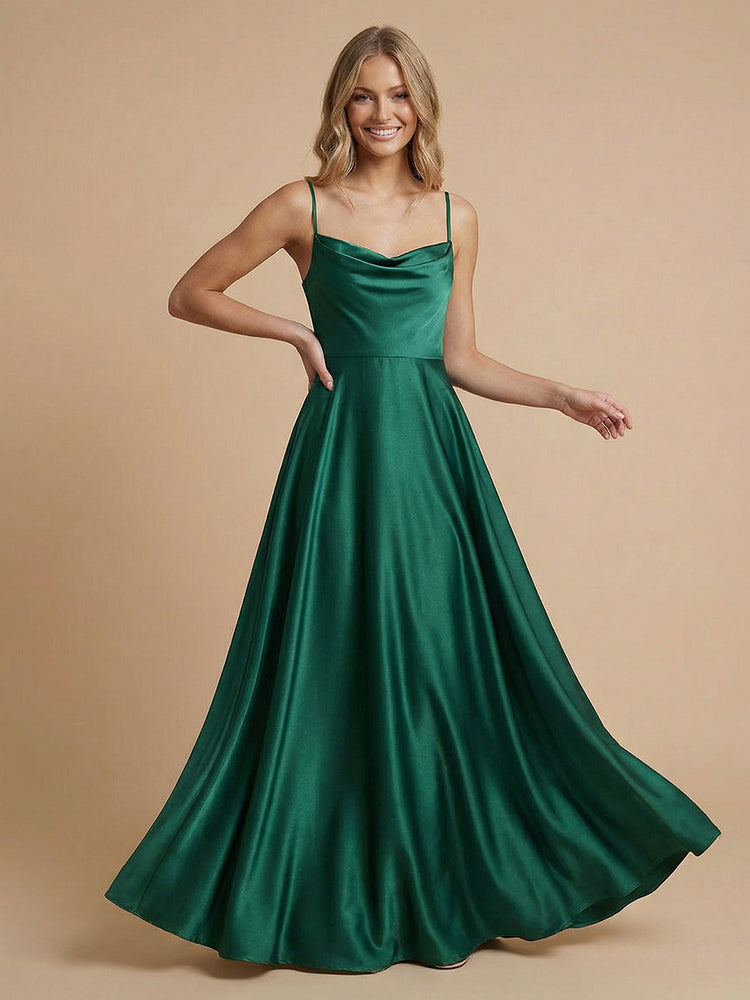 Satin A-Line Spaghetti Straps Long Pleated Bridesmaid Dresses